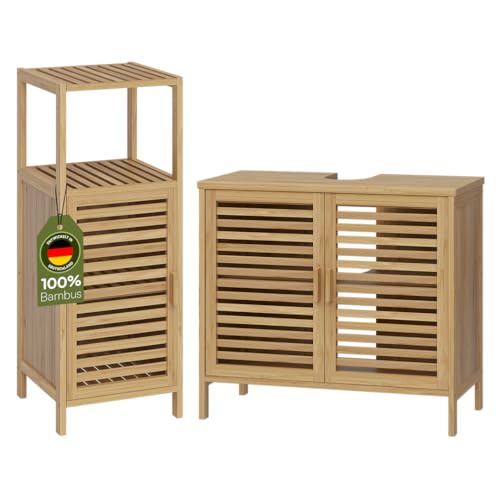 Bellamio Newa Badmöbel-Set – Waschbeckenunterschrank mit 2 Fächern & Badregal mit 3 Fächern – Badezimmermöbel aus Bambus lackiert – Badezimmer Unterschrank – Kleiner Bambusschrank – Badschrank