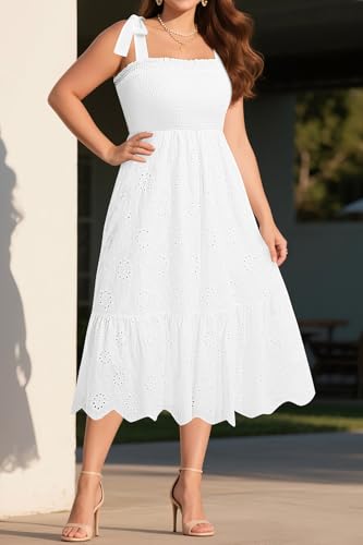 Image of Pinup Fashion Plus Size Summer Sun Smocked Eyelet Tie Straps Midi Dress | Adjustable tie straps, square neck, high waist, flowy tiered A-line, perfect for casual beach, holiday vacation, photoshoot