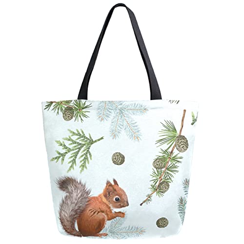 Chic Extra Large Shoulder Grocery Tote Bag, Pine Branch Squirrel Canvas Reusable Handle Bags for Men Women Gym Weekender Picnic Beach Travel Home Storage Market Shopping