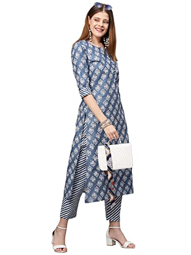 Image of GoSriKi Women's Cotton Blend Straight Printed Kurta with Pant (Funki New-GO)