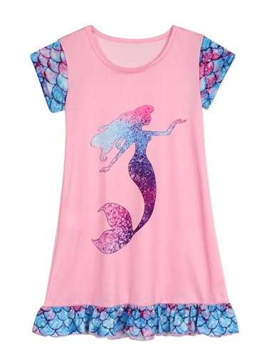 HenzWorld Girls Nightgown Short Sleeve Nightdress Unicorn Mermaid Cat Printed Casual Pajamas Kids Girls Sleepwear 3-10 Years