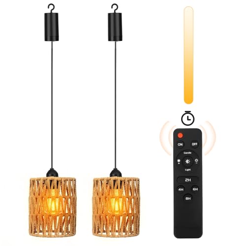 2 lámparas de ratán bohemio, pantalla con mando a distancia, lámpara colgante sin conexión de alimentación, lámpara a pilas para jardín, balcón, sótano, decoración de Navidad