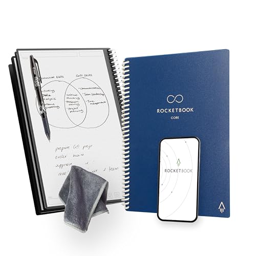 Rocketbook New Core Reusable Spiral Notebook, Letter Size 8.5x11, Navy Blue - Dotted Pages, App-Connected, Erasable, Durable Cover, Ideal for School, Work, and Creative Projects