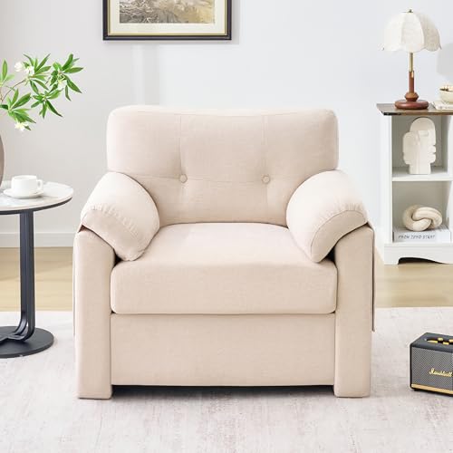 Image of Howjoe Chenille Oversized Armchair, 37.8 inch Wide Accent Chairs for Living Room & Bedroom Modern Lounge Chair, Upholstered Mid-Century Reading Chair with Arm Pocket, Comfy Living Room Chair, Beige