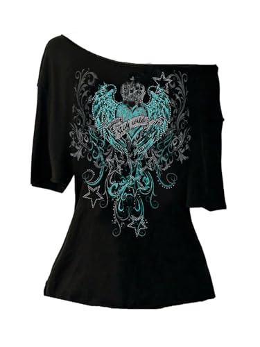 Image of RoseSeek Women's Off The Shoulder Goth Graphic Tees Short Sleeve Asymmetrical Oversized Y2K T Shirts