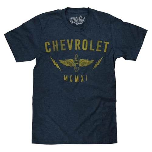 Tee Luv Faded Chevrolet Spark Plug Shirt - Retro Chevy MCMXI Graphic T-Shirt (Navy Heather) (XL)