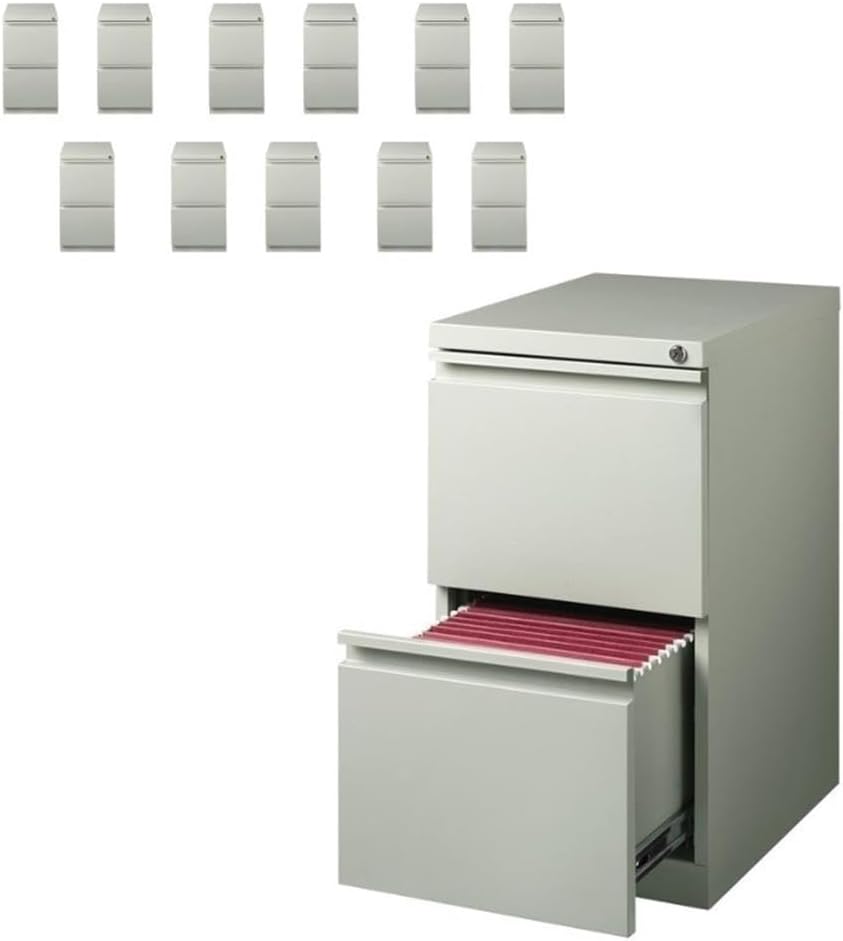 Pemberly Row 2 Drawer Metal Mobile Filing Cabinet, 20" Deep, Light Gray Finish, Steel Construction, Hidden Casters, Lockable, 12 Unit Commercial Grade Bundle for Office Use