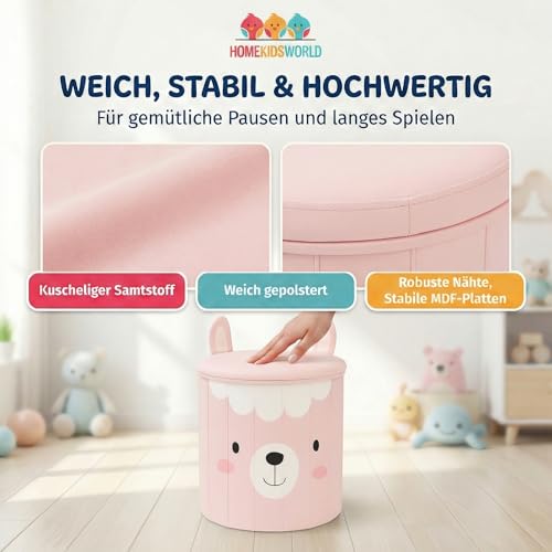 HomeKidsWorlds Kinderhocker Lama - Spielzeugkiste Kinderzimmer, Aufbewahrungsbox mit Deckel, Sitzbox Kinder, Sitzhocker mit Stauraum, Tierhocker für Kinder