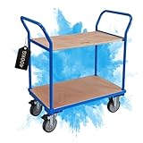PROREGAL Profi Tischwagen Transportwagen Handwagen Materialwagen mit 2 Etagen & 2 Schiebebügeln | HxBxT 102x100x50cm | Traglast 400 kg | 2X Lenkrollen mit Feststellbremse & 2X Bockrollen | Lichtblau