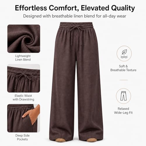 Image of Women Linen Wide Leg Pants High Waist Drawstring Elastic Waist Trousers Breathable Lightweight Summer Palazzo Pants Casual Travel Lounge Wear with Pockets