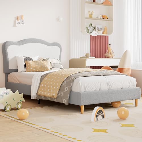 GarveeHome Upholstered Twin Bed Frame for Kids with Scallop Headboard, Cute Velvet Twin Bed for Girls, Boys, Sturdy Platform Bed, No Box Spring Needed, Wooden Slats, Noise Free, Grey White