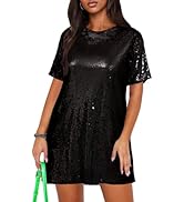 ENOPINK Women's Crew Neck Sequin Dress for Women Sexy V Neck Shirt Dresses Sparkly Shift Mini Dress