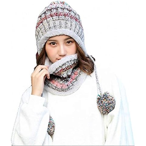 Women Knitted Hat Scarf Set for Christmas Gift Girls Women Gift Winter Warm Thicken Crochet Bobble Pom Pom Beanie Hat Cap Outdoor Ski Snowboard Cycle Bobble Hemming Hats with Fleece Lining(Grey) Cover
