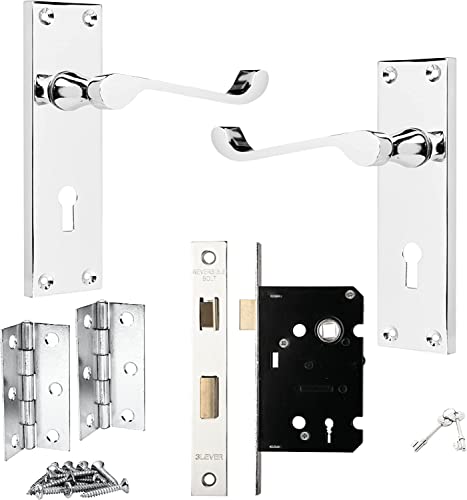 IRONZONE® Victorian Scroll Polished Chrome Door Handle Lock Pack, 3 Lever Lock, 1 Pair of Hinges, for Extra Privacy in Bedroom and Living Room, Traditional Design