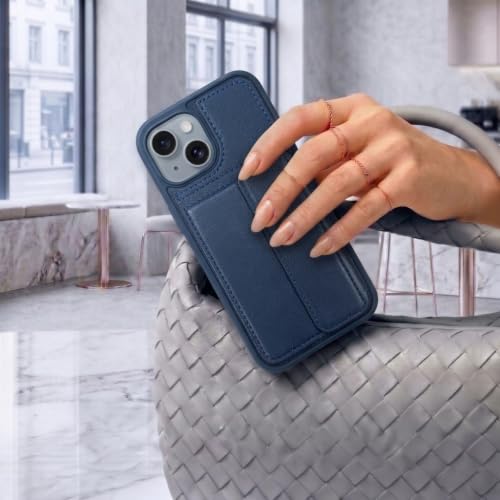 Image of amazon basics Luxury Vegan Leather Back Cover for iPhone 15 | Built-in Card Holder Slot | Integrated Mobile Stand | Slim Shockproof Protective Case with Stitched Finish - Blue