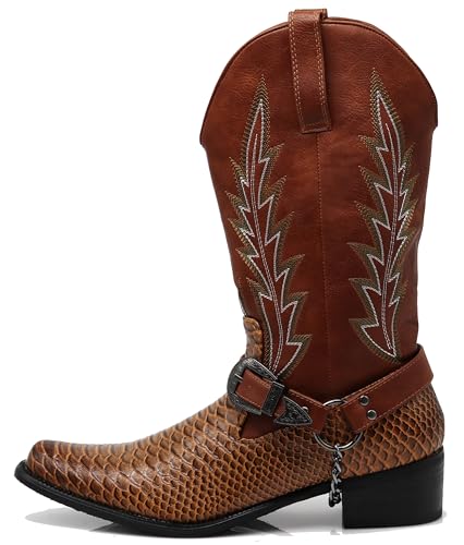 Enzo Romeo JVN Men's Dress Ankle Mid Calf Western Cowboy Boots Alligator Prints Side Zipper Removable Chain Low Heel3