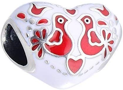 Frozen Love birds Charm, Red & White Enamel Heart Sterling Silver Charm Bead S925, Love Heart Enamel charm, Folk Art inspired Love Charm Pendant, Folklore Jewelry, fits Pandora