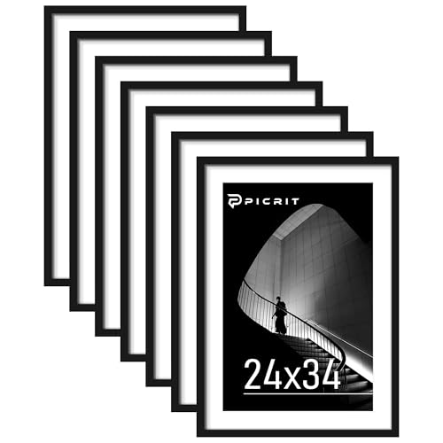 Picrit 24x34 Black Poster Frame 7 Pack, Display Pictures 20 x 30 Picture with Mat or 24 x 34 without Mat for Horizontal or Vertical Wall Mounting, Wall Gallery Photo Frames