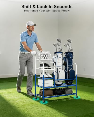 Image of Golf Bag Storage Garage Organizer for 2 Bags, Golf Storage Rack with Wheels | 50% More Space Multi-Zone,All-In-One 5tier Compact,Extra Bottom Storage,4 360 Casters,Movable Basket,Small Garage,Heavy-Duty