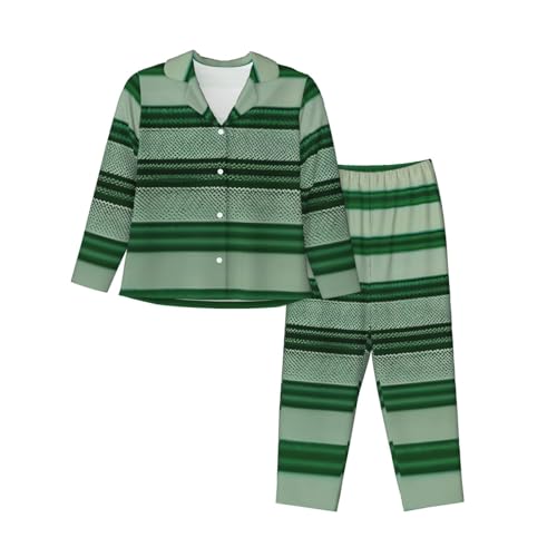 Pyjama à manches longues pour femmes ensemble chic imprimé rayé vert haut de gamme