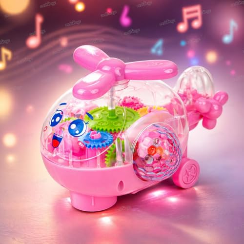 Image of Zest 4 Toyz Musical Toy Helicopter Toys for Kids with Flashing 3D Lights | Bump and Go | Battery Operated Electric Toy | Colorful Lights Transparent Gear Helicopter for Boys & Girls Age 3+ - Pink