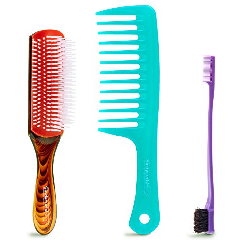 3 Pieces Detangling Brush set with Edge Brush Double Sided, SindycurlsMagic Sturdy Wide Tooth Comb and 9 Row Cushion Nylon Bristle for Afro America Textured Curly Hair Brush
