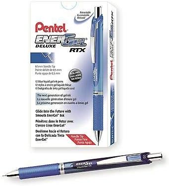 3Set of 5 X Pentel EnerGel Deluxe RTX Retractable Liquid Gel Pen- 0.7mm- Fine Line-Metal Tip Blue-Ink /Total 15Pens Package
