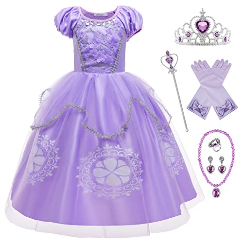 Eleasica Haute Qualité Robe de Cosplay Princesse Sophia Fille Couronne Baguette Magique Collier Bracelet Déguisements Cobfortable Violet Halloween Noël...