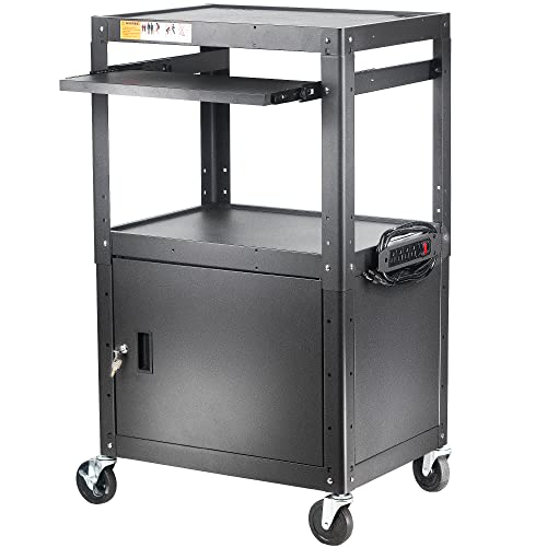 Steel Large Av Cart With Extra Storage - Adjustable Height Cart With Locking Cabinet, Pullout Tray, Power Strip, And Cord Management - Holds 300 Lbs And Easy To Assemble (24'' X 18'' X 41.5'') #TOP5