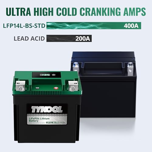 Image of TYKOOL LFP14L-BS-STD [- +] Lithium Battery 400 CCA 8Ah for HD Sportster 883 1200 Iron 48 XL XLH 2004-2023 Street 500 750| Digital SOC Display IP67 Waterproof
