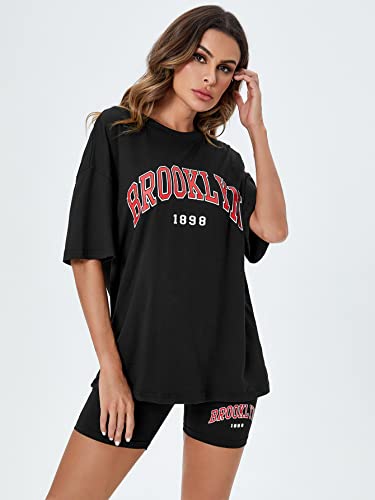 Verdusa Women's Letter Print Oversized Tee Biker Shorts Set 2 Piece Outfit Tracksuit Black Xs #TOP2