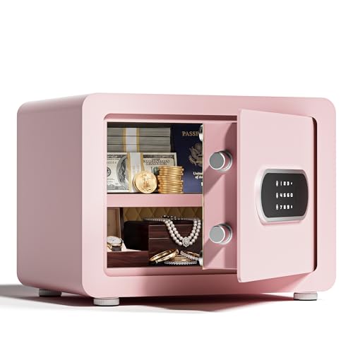 Mutak Home Safe 1.0 Cubic Feet Auto-Open with Backlit Keypad Triple Alarm Security Wall Mount Lock Box for Jewelry & Valuables Pink