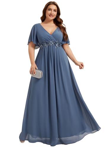 Ever-Pretty Women's Summer Plus Size Formal Dresses V Neck Applique Evening Gowns Mother of The Bride Dress for Curvy Women Dusty Navy US24