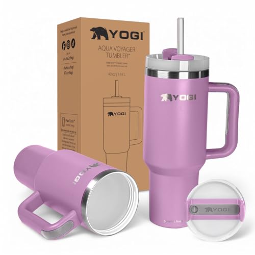 YOGI Ceramic Lined Tumbler with Handle and Straw Lid, Stainless Steel Travel Mug & Water Tumbler, Vacuum Sealed Cup with Handle - 40oz Purple Mist