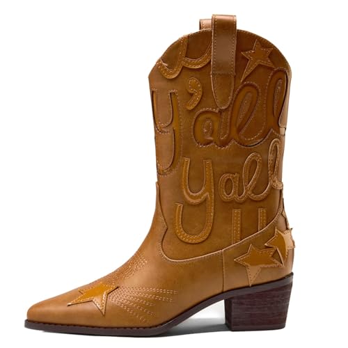 Image of Metallic Cowboy boots for Women Embroidered Mid Calf Womens Cowgirl Boots Western Pointed Toe Chunky Heel