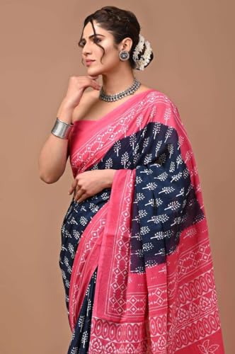 Image of Hand Block Printed Cotton Mulmul Saree | Soft Lightweight Summer Saree | Pure Cotton Traditional Indian Saree for Women