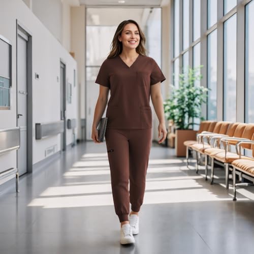 Eipnare Scrubs for Women Set, Stretchy V-Neck Top & Jogger Pants with Multi-Pocket Yoga Waistband, Soft Lightweight Nursing Uniform
