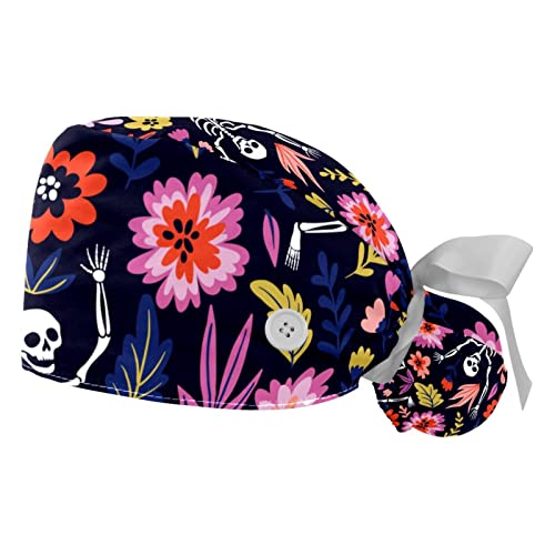 Adjustable Scrub Bouffant Caps, 2 Packs Skeleton Flower Working Hat Hair Cover with Ponytail Pouch, Soft Surgical Nurse Cap