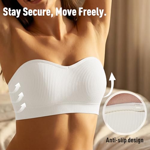 Image of Zimcti Strapless Bras for Women-Non Slip Silicone Grip Bandeau, Wirefree Seamless Tube Top, Removable Pads, Clear Strap