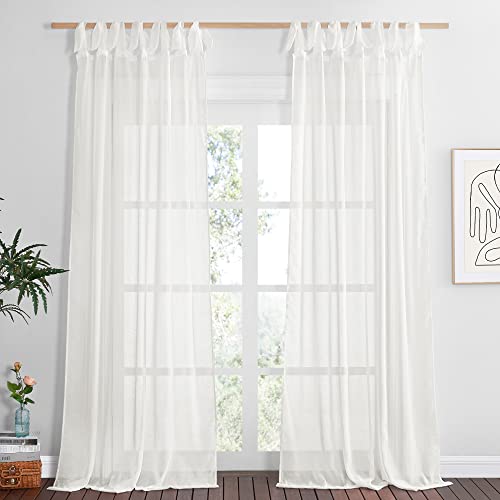 NICETOWN Ivory Curtains 96 inch Long for Daughter's Room, Creative DIY Tie Top Bunny Ears Privacy Linen Burlap Semi Sheer Drapes Light Through for Nursery/Play Room, W52 x L96, 1 Pair