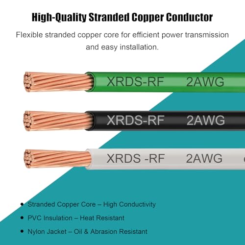 Image of 2AWG THHN Electrical Wire 50FT - Stranded Bare Copper Conductor with PVC and Nylon Insulation, Heat and Oil Resistant Cable for Indoor & Outdoor Wiring
