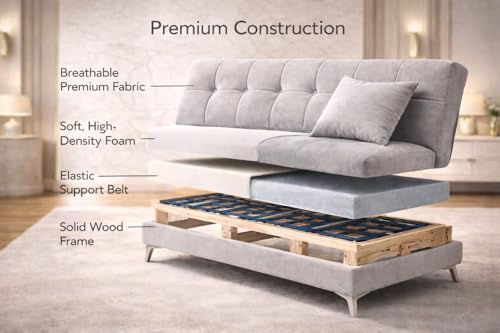 Image of Krancy Solid Wood 3 + 2 Seater Sofa Cum Bed with 2 Cushions | Convertible Wooden Couch for Living Room, Home & Office | Modern Designer Furniture | 3 Years Warranty | Yellow
