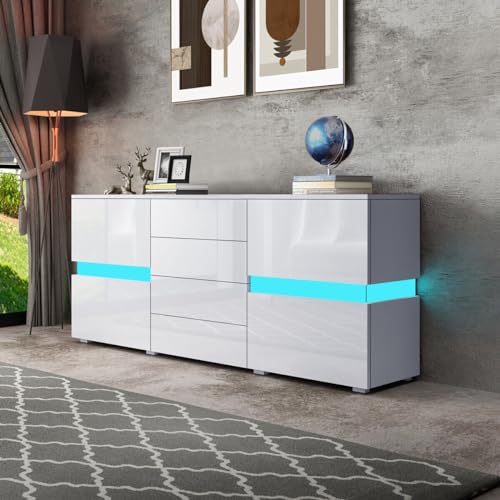 Senvoziii Modernes LED Sideboard Hochglanz Front TV Lowboard Aufbewahrungsschrank mit 2 Türen und 4 Schubladen Küchenschrank für Wohnzimmer Esszimmer Weiß 177 x 35 x 72cm Senvoziii Modernes LED Sideboard Hochglanz Front TV Lowboard Aufbewahrungsschrank mit 2 Türen und 4 Schubladen Küchenschrank für Wohnzimmer Esszimmer Weiß 177 x 35 x 72cm