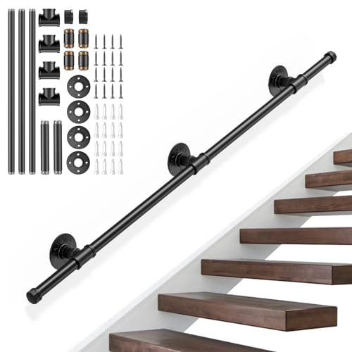 Pasamanos Escalera, SenDeluz 120cm Pasamanos Escalera Interior Exterior, Pasamanos Barandilla Escalera Antideslizante a Prueba de Herrumbre con Tubo de Acero Galvanizado Industrial para Escalera