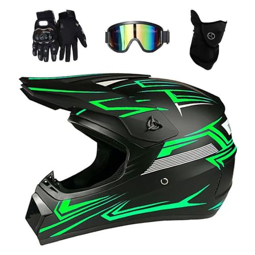 Youth Kids Fashion MTB Motocross Helmet, Full Face Off Road Street Motorbike ATV Scooter Helmets, Downhill Enduro BMX Quad Dirt Bike Crash Helmet, with Goggles Gloves Mask(Black,M/54-55CM)