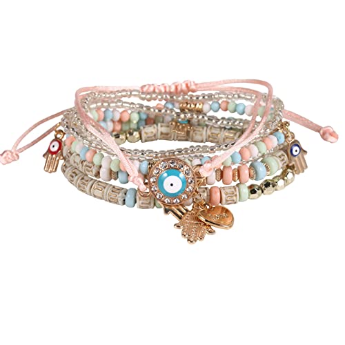 ZZ ZINFANDEL Bohemian Evil Eye Beaded Bracelet Pack for Woman Teens Girls,Boho Stackable Stretch Charm Bracelets Sets Bangle Chakra Bracelets for Best Friends, Acrylic Rhinestone, acrylic