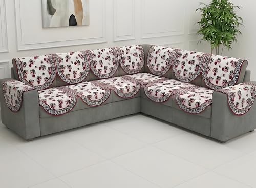 Image of Fab Nation Sofa Cover L Shape 7 Seater with Corner L Type Fully Covered Sofa Set for Living Room | Cotton Sofa Slipcovers for 4 + 3 Seaters Cover with 2 Arms | Garden Pink