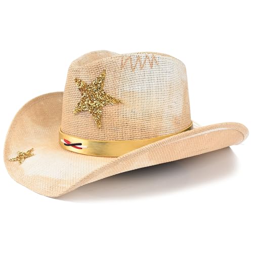 Foeran Cowboy Hat with Men's Women's Western Cowgirl Straw Hats,American Style Gold Glitter Star Braided Headband