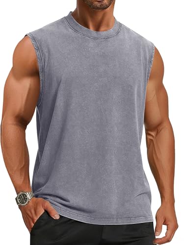 Mens Shirts Summer Tank top Sleeveless Loose Workout Tops Acid Wash Cotton Tshirts 2026, Plain Grey, L