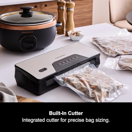 Morphy Richards Cordless Vacuum Sealer, Fast Compact Sealer machine, 5 programmes, Dry and Moist Food Mode, Pulse Vacuuming, Built in Cutter, Bag Roll Storage, USB Chargeable, 432040